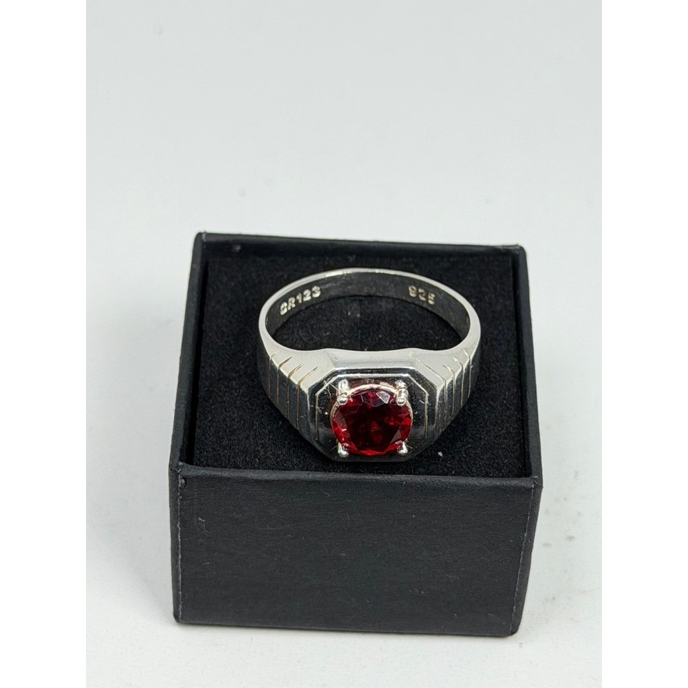 Mens 925 Sterling Silver Red Garnet Signet Ring Size 12 Round Cut Solitaire Band